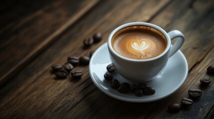 Espresso coffee cup with beans on vintage table. Coffee background