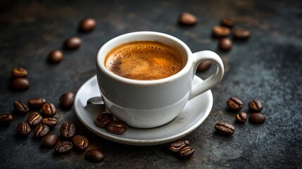 Fototapeta premium Espresso coffee cup with beans on vintage table. Coffee background