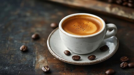 Espresso coffee cup with beans on vintage table. Coffee background
