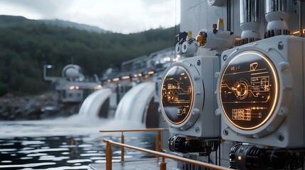 Smart hydropower system with digital interfaces, futuristic clean technology, innovation in energy