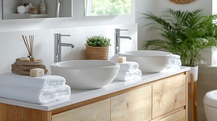 Fototapeta premium A minimalist bathroom design featuring light wood cabinets, white walls, and soft, neatly folded towels. The warm, natural tones of the wood create a cozy and peaceful environment,