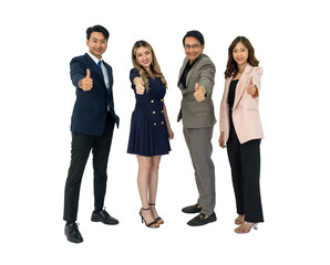 Team of successful business people in suit standing together. Everyone raise finger thumb up with a smile. Portrait on white background with studio light. Isolated