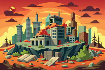 Obraz premium A vibrant, surreal representation of an abandoned cityscape featuring crumbling structures and overgrown vegetation under a dramatic sunset.