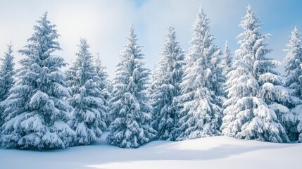 Snow covered pine trees create a serene and tranquil atmosphere perfect for a winter holiday background