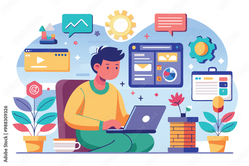 Poster a developer focuses on customizable project tasks using digital tools, surrounded by plants and enga