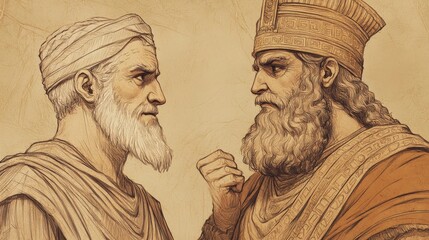 Fototapeta premium Babylonian Commander Nebuzaradan Speaks with Reverence to Prophet Jeremiah Offering Him Freedom and Protection in This Minimalist Biblical Sketch on Beige Background