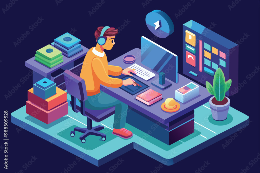 Poster a developer focused on customizing software activity at a well-organized desk in a modern workspace 