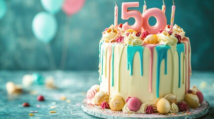 A homemade birthday cake featuring the number fifty adorned with vibrant icing and delightful treats ensures a joyful celebration for a milestone occasion