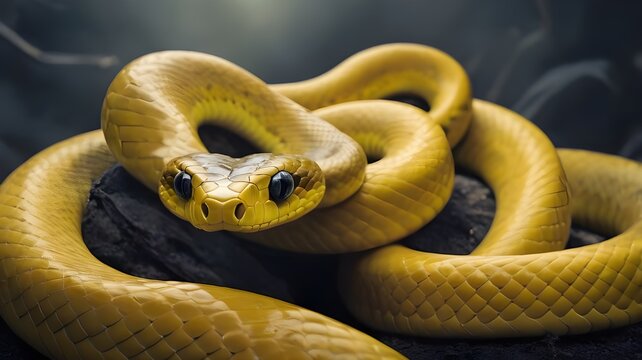 Against a mysterious, foggy backdrop that evokes a sense of eeriness and foreboding, the dramatic, high-contrast photograph features a vibrant yellow snake as the main subject. 