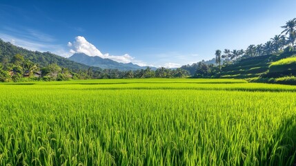 Panoramic view of a rice field with mature rice plants swaying in the breeze under a clear blue sky, creating a picturesque landscape.