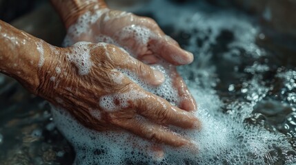 Fototapeta premium Elderly man s hands and wrists being washed with soap under running water detailed shot emphasizing hygiene practices for infection prevention during health crises