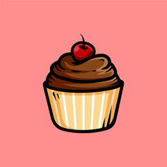chocolate cupcake with cherry line art style sketch classic vintage design illustration
