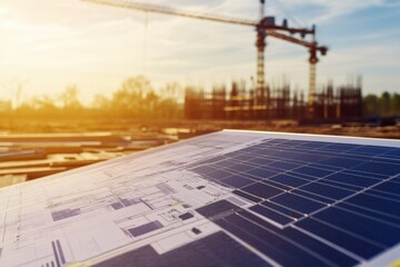Solar panel and construction plans at site during sunset