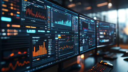 Obraz premium The screens show graphics of financial markets, with trading software open and active. 