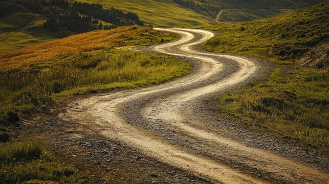 Fork in the road winding through a hilly terrain