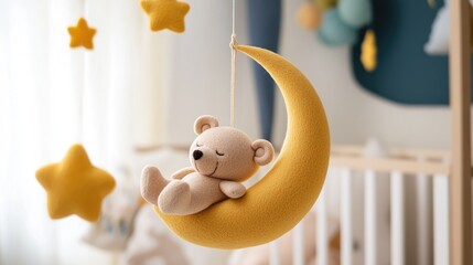 Close up of a whimsical baby crib mobile featuring a sleeping bear on the moon showcasing a soft handmade felt toy designed for newborns