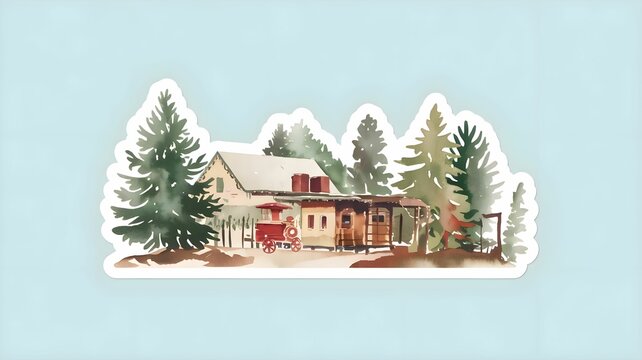 Fototapeta akwarela, warsztat mikołaja, vintage, uroczy, świąteczny, ilustracja, renifer, bałwan, pingwin, choinka, prezenty, skarpety, pastelowe kolory, zielony, czerwony, biały, żółty, bez tekstu, tło białe, w