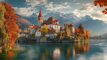 Picturesque Thun, Switzerland, adorned with vibrant autumn hues, capturing the essence of the season.