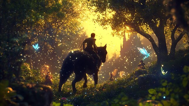 4D animation of a fantasy prince riding a magical wolf through an enchanted forest, with glowing fairies and mystical creatures guiding their path to an animated castle 