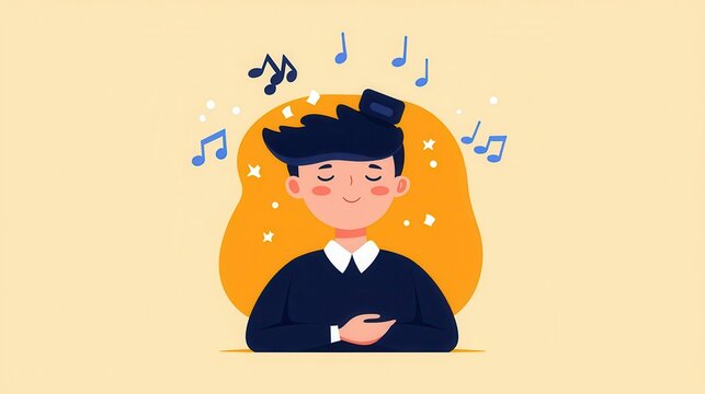 Catchy jingle stuck in head, person humming unconsciously, flat design illustration