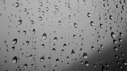 Raindrops adorn the windowpane, creating a symphony of droplets against the gloomy backdrop of a rainy day.