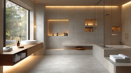 A modern bathroom with light gray tiles and soft overhead lighting, featuring a floating vanity with a white sink. The minimalist space is accented with subtle wooden elements and soft towels,