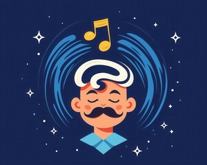 Music note floating above head, earworm tune, flat design illustration