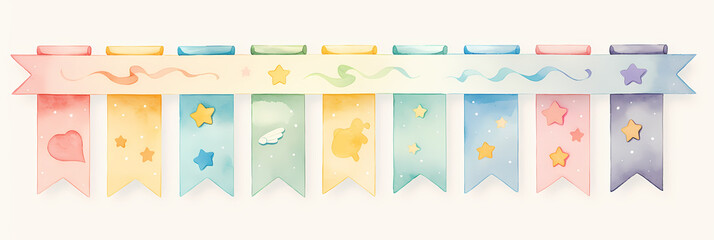 A row of colorful watercolor flags with stars, clouds, and swirls, perfect for a whimsical design.