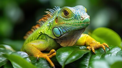 Obraz premium A vibrant iguana resting on lush green leaves in a tropical setting.