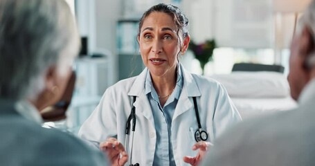 Woman, doctor or consulting with elderly couple for medical consultation or healthcare advice at hospital. Female person, cardiologist and explaining checkup or results with senior patients at clinic - Powered by Adobe
