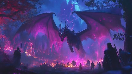 An evil queen commanding dragons and animated goblins in a 4D enchanted forest, with knights and magical creatures preparing for battle in a glowing fantasy kingdom 