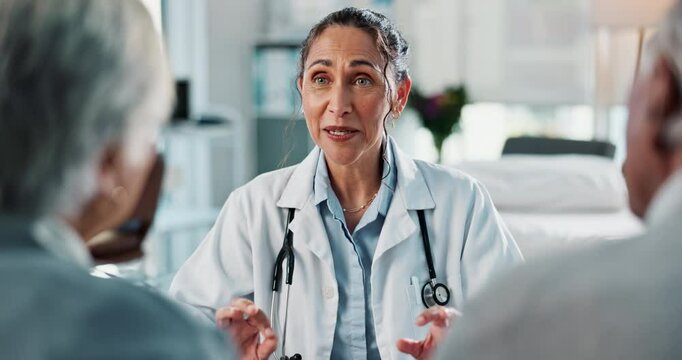 Woman, doctor or consulting with elderly couple for medical consultation or healthcare advice at hospital. Female person, cardiologist and explaining checkup or results with senior patients at clinic