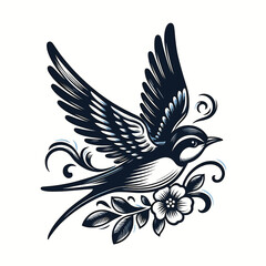 Obraz premium Elegant Swallow Bird Tattoo Design with Floral Accents Vector Illustration