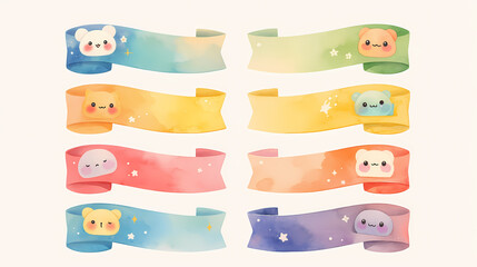 Obraz premium A set of eight colorful watercolor banners with cute animal faces.