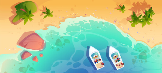Naklejka premium Top view on sea or ocean beach with blue and turquoise water wave with white foam, sand on shore, palm trees and stones, two yachts with people on board. Cartoon vector aerial pov on tropical harbor.