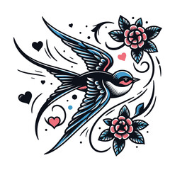 Obraz premium Traditional Swallow Tattoo Design with Roses and Hearts Vintage Illustration