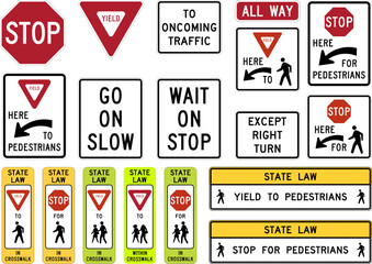 Comprehensive Collection of Traffic Control Signs: Stop, Yield, Pedestrian Crossings, School Zones, and Directional Plaques for Road Safety. Road signs in the United States. © fatih