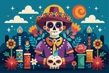 Naklejka premium A lively Dia de Muertos celebration features a skeleton adorned with flowers, surrounded by candles, offerings, and vibrant floral decorations.