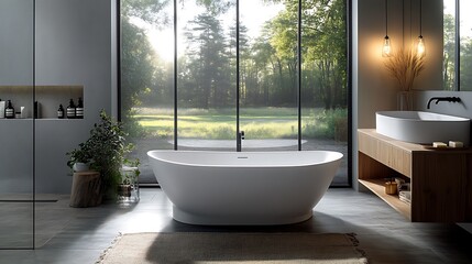 A modern Scandinavian bathroom with a white freestanding bathtub, sleek black fixtures, and a large floor-to-ceiling window offering a view of nature.