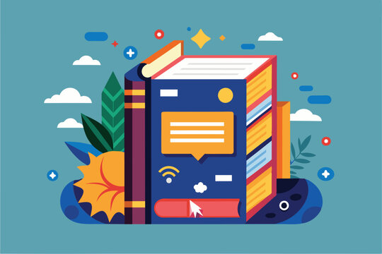 A flat illustration showcases a customizable dictionary surrounded by vibrant leaves and decorative symbols, emphasizing creativity and learning. - Powered by Adobe