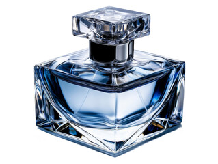 Crystal-shaped perfume bottle with a sleek metallic finish, isolated on transparent background