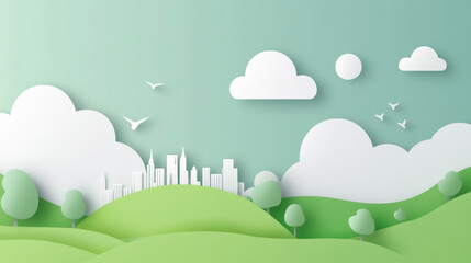 Obraz premium Vector illustration of a green Earth with white clouds, trees, and buildings on it, in a paper-cut style with a simple background