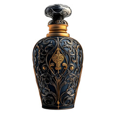 Vintage perfume bottle with intricate patterns, isolated on clean white