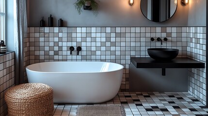 A Nordic bathroom featuring bold black and white geometric tile patterns, monochrome walls, and sleek black fixtures. The minimalist design and sharp contrasts create a modern and elegant space,
