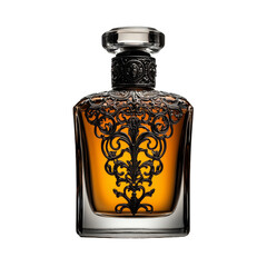 A bottle of perfume with a gold and black design