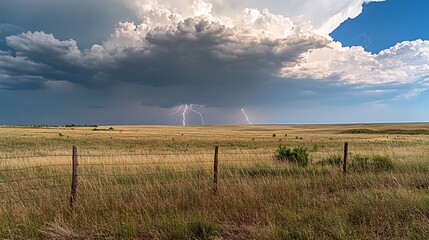 A dramatic thunderstorm with lightning strikes over a flat grassy field with a wooden fence in the foreground.