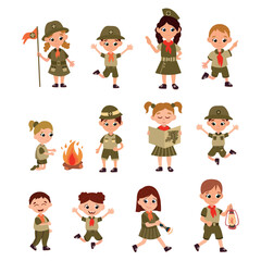 Child scouting. Set of boy and girl scouts in uniform in different poses. White background, isolate