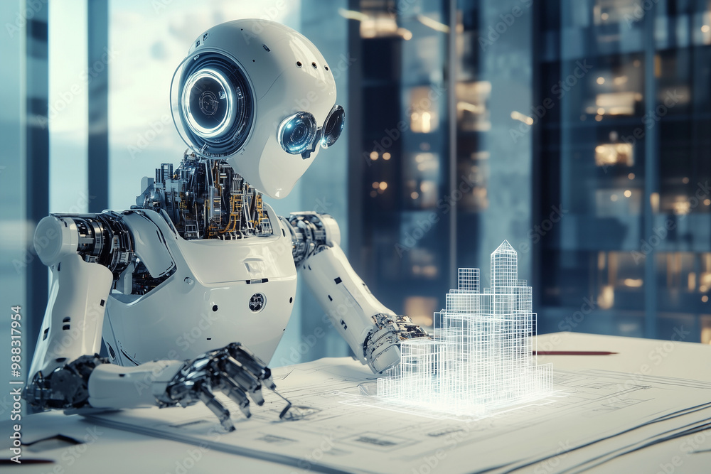 Poster robot is sitting on a desk with blue and white colors. the robot is designed to look like a human, a