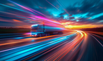 Fototapeta premium Truck on open highway at sunrise with dramatic clouds and vast green fields