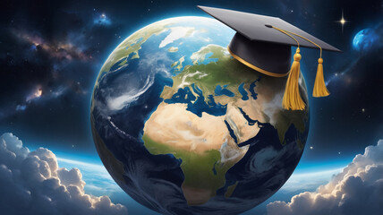 Planet Earth in a Graduation Cap: A Symbol of Global Scientific Achievement. AI Generated